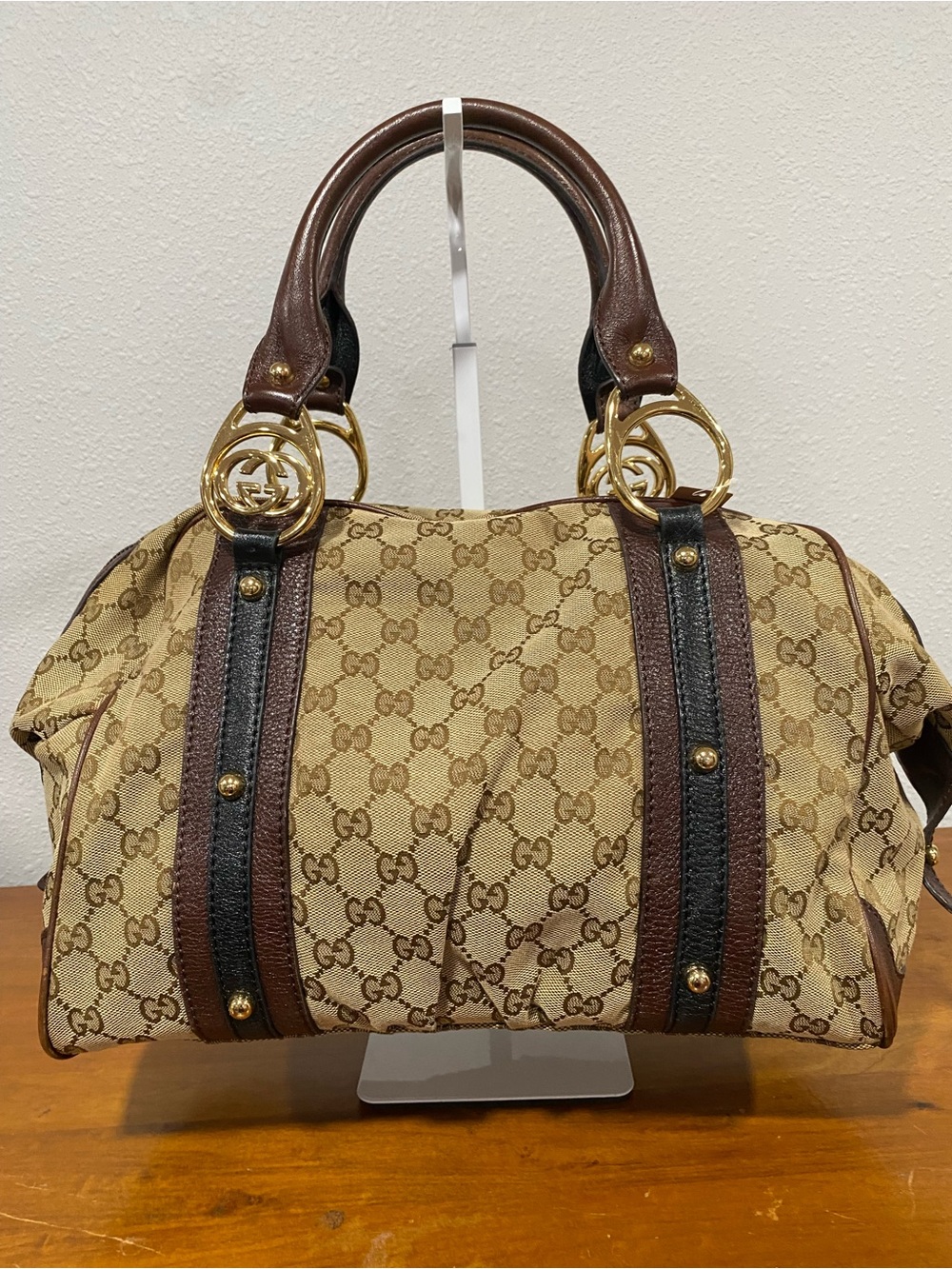 Beige Canvas Satchel with Brown & Black Leather Accents